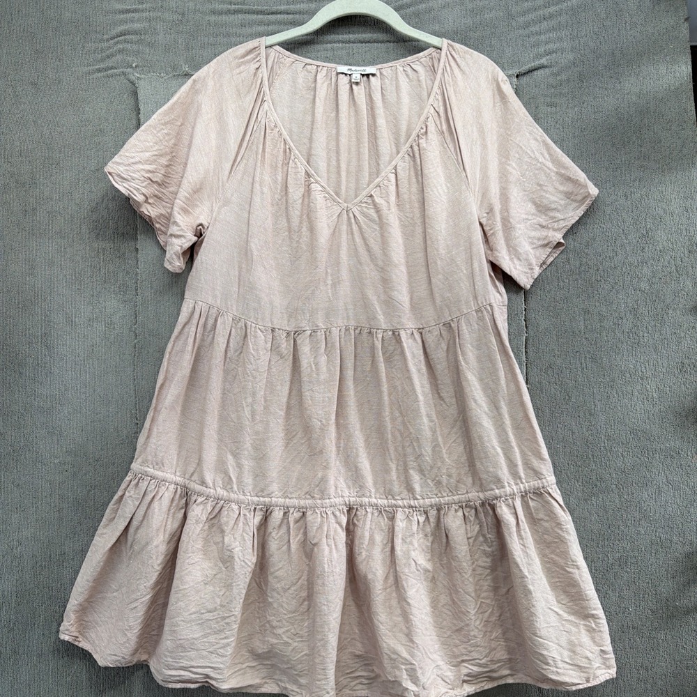 Madewell Lorelei Tiered Mini Dress Puff Sleeve Pockets Linen Blend M